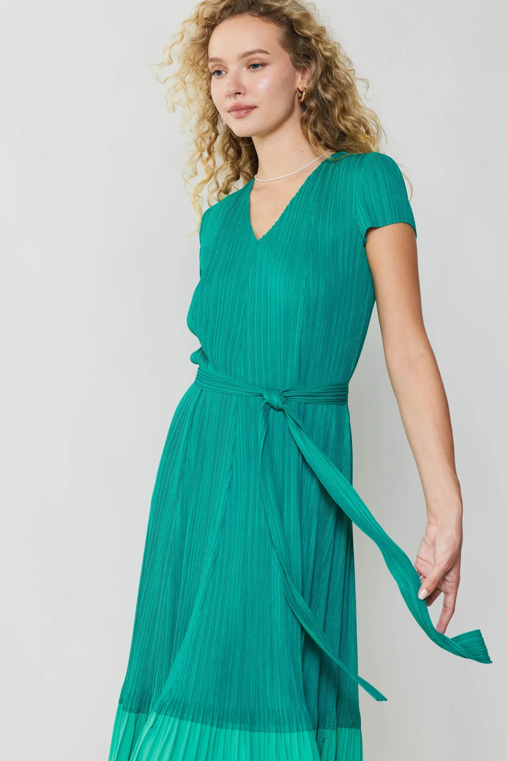Midi Dresses-Current Air Pleated Colorblock Midi Dress TEAL