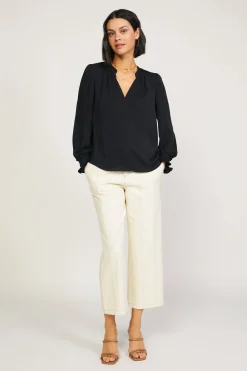 Long Sleeve Tops-Current Air Pleated Cuff Blouse BLACK