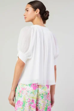 Short Sleeve Tops-Current Air Pleated Cuff Blouse WHITE