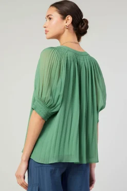 Short Sleeve Tops-Current Air Pleated Cuff Blouse LEAFGREEN