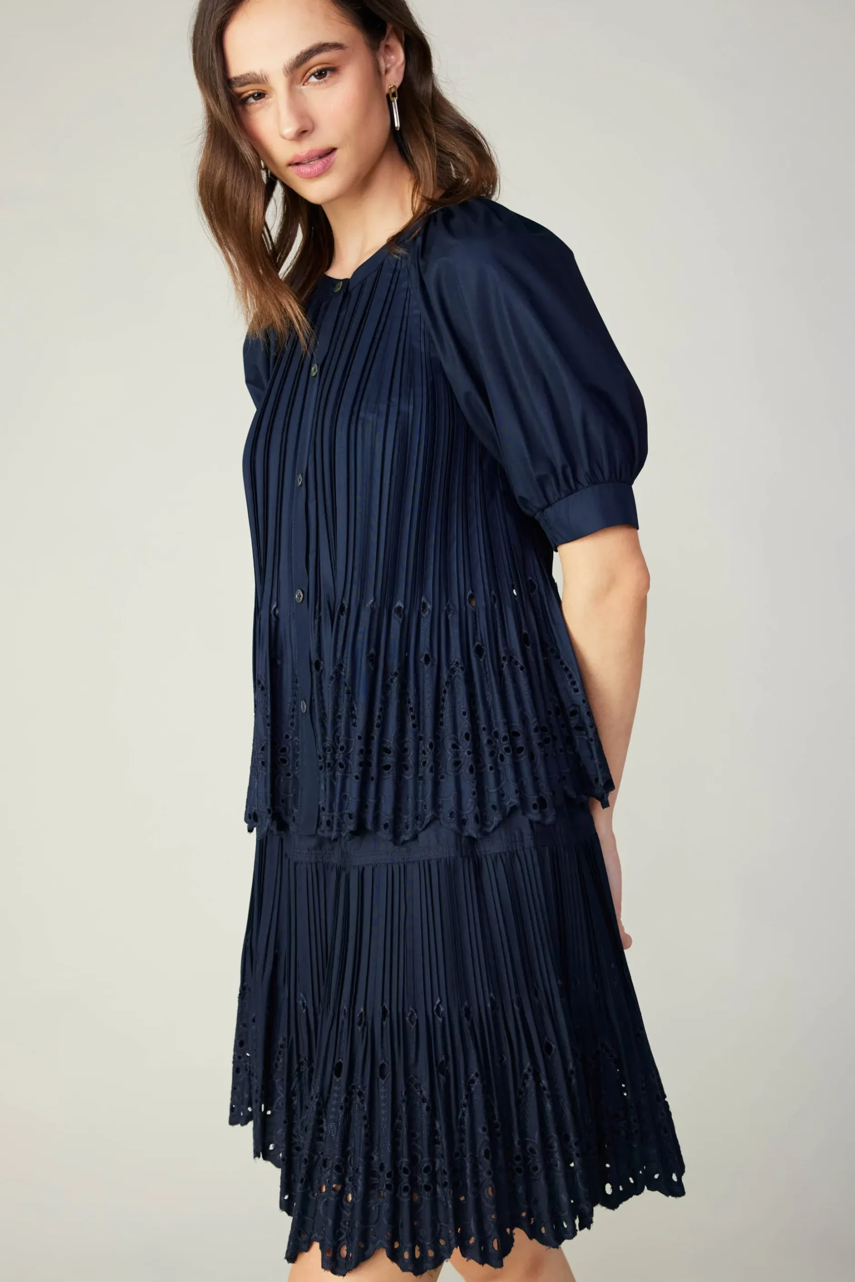 Short Sleeve Tops-Current Air Pleated Eyelet Blouse DARKNAVY