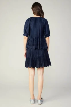Short Sleeve Tops-Current Air Pleated Eyelet Blouse DARKNAVY