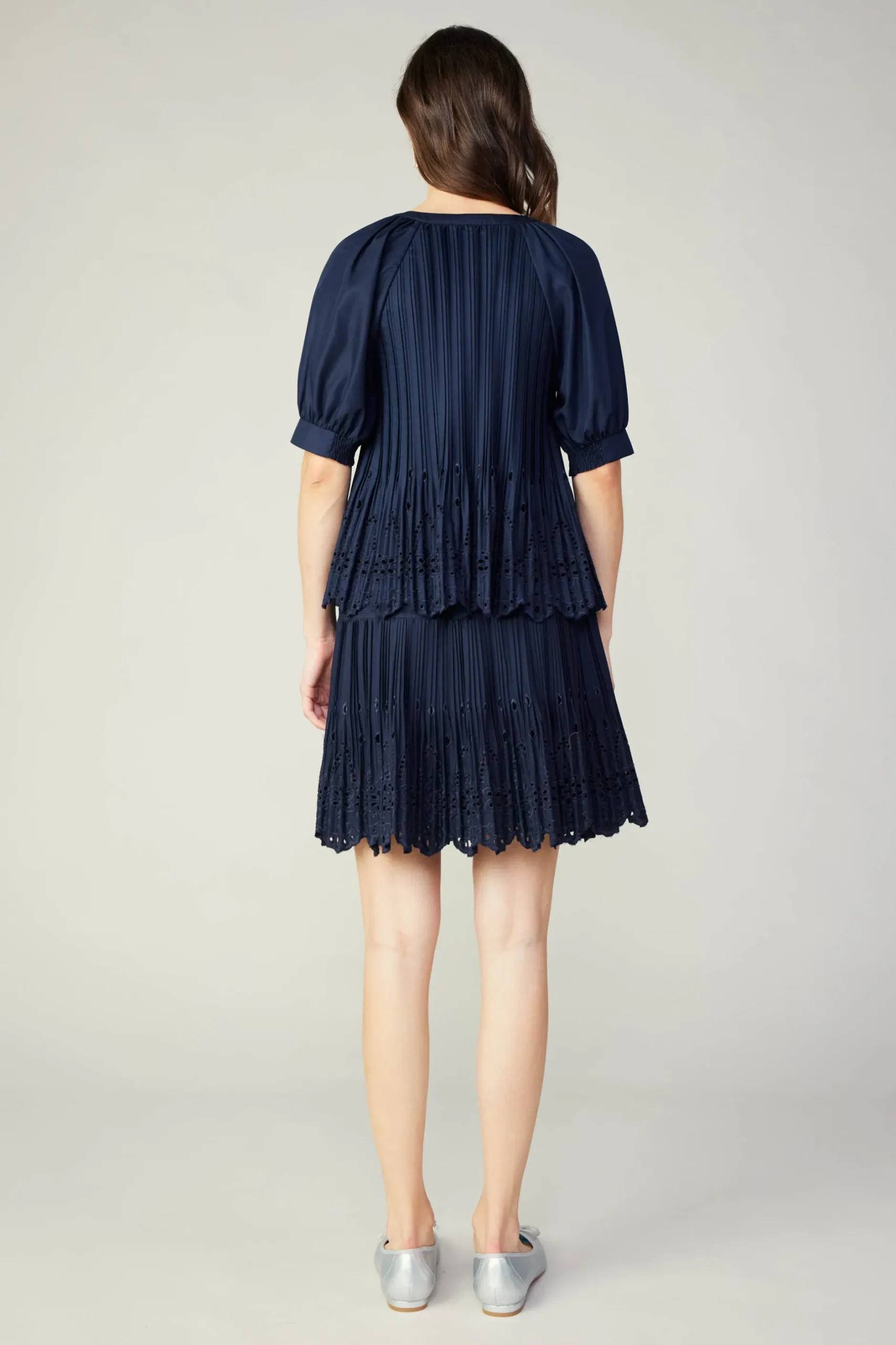 Short Sleeve Tops-Current Air Pleated Eyelet Blouse DARKNAVY