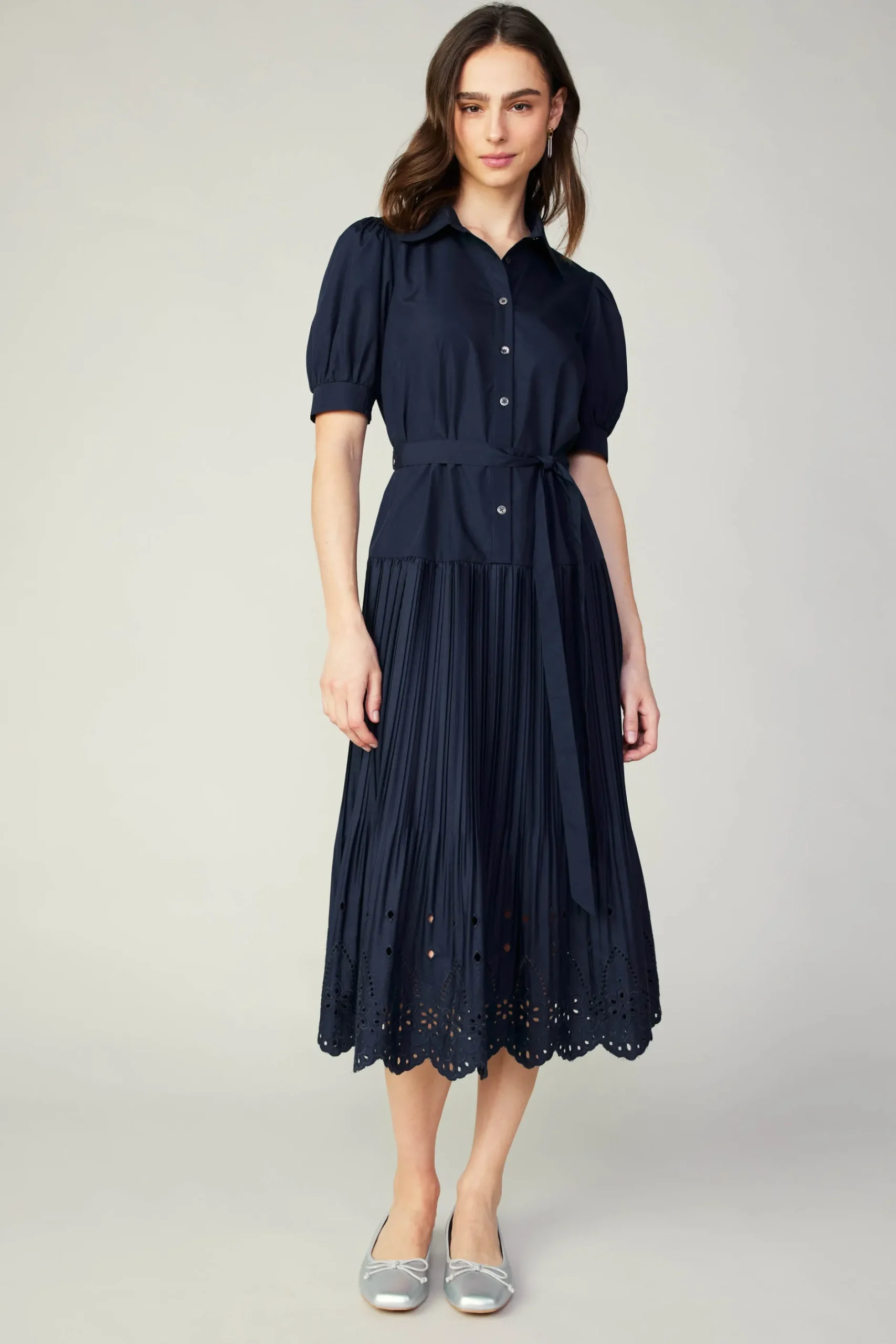 Midi Dresses-Current Air Pleated Eyelet Midi Dress DARKNAVY