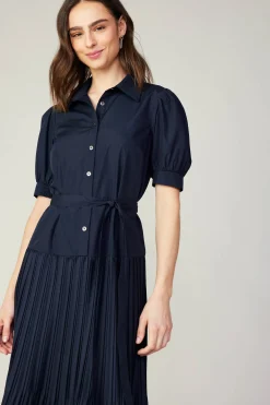 Midi Dresses-Current Air Pleated Eyelet Midi Dress DARKNAVY