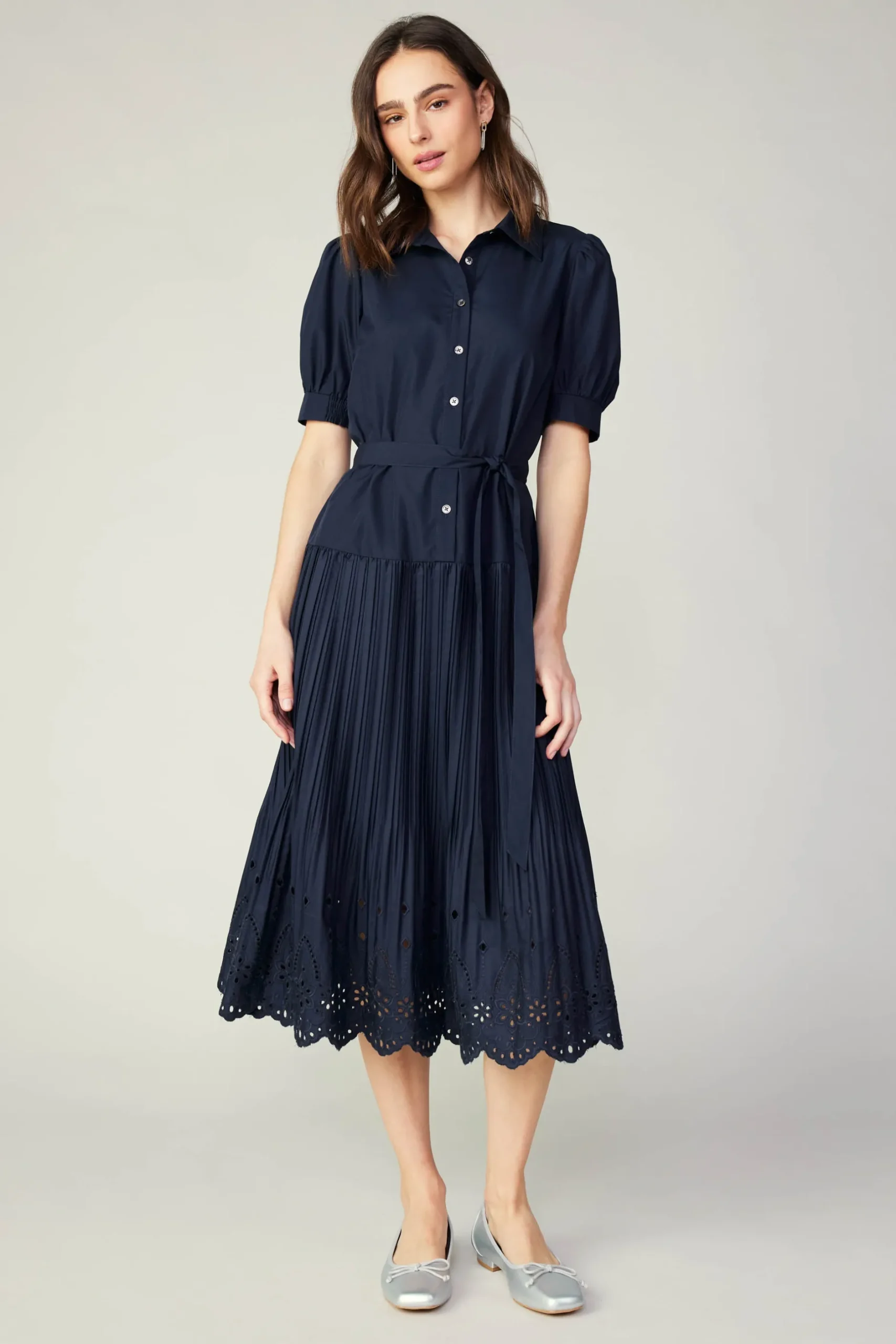 Midi Dresses-Current Air Pleated Eyelet Midi Dress DARKNAVY