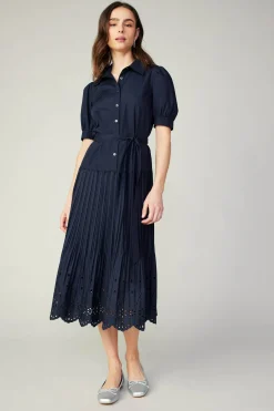 Midi Dresses-Current Air Pleated Eyelet Midi Dress DARKNAVY