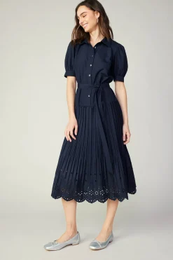 Midi Dresses-Current Air Pleated Eyelet Midi Dress DARKNAVY