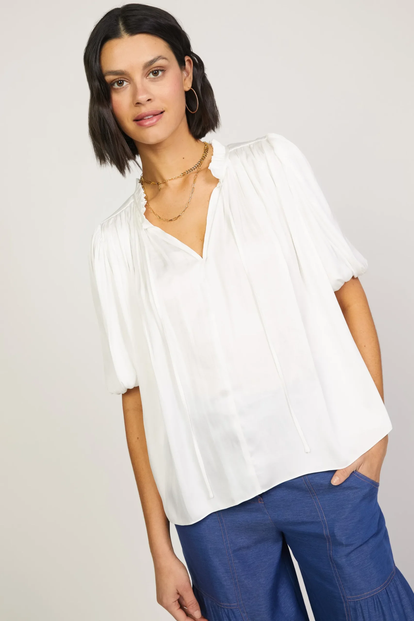 Short Sleeve Tops-Current Air Pleated Puff Sleeve Blouse WHITE