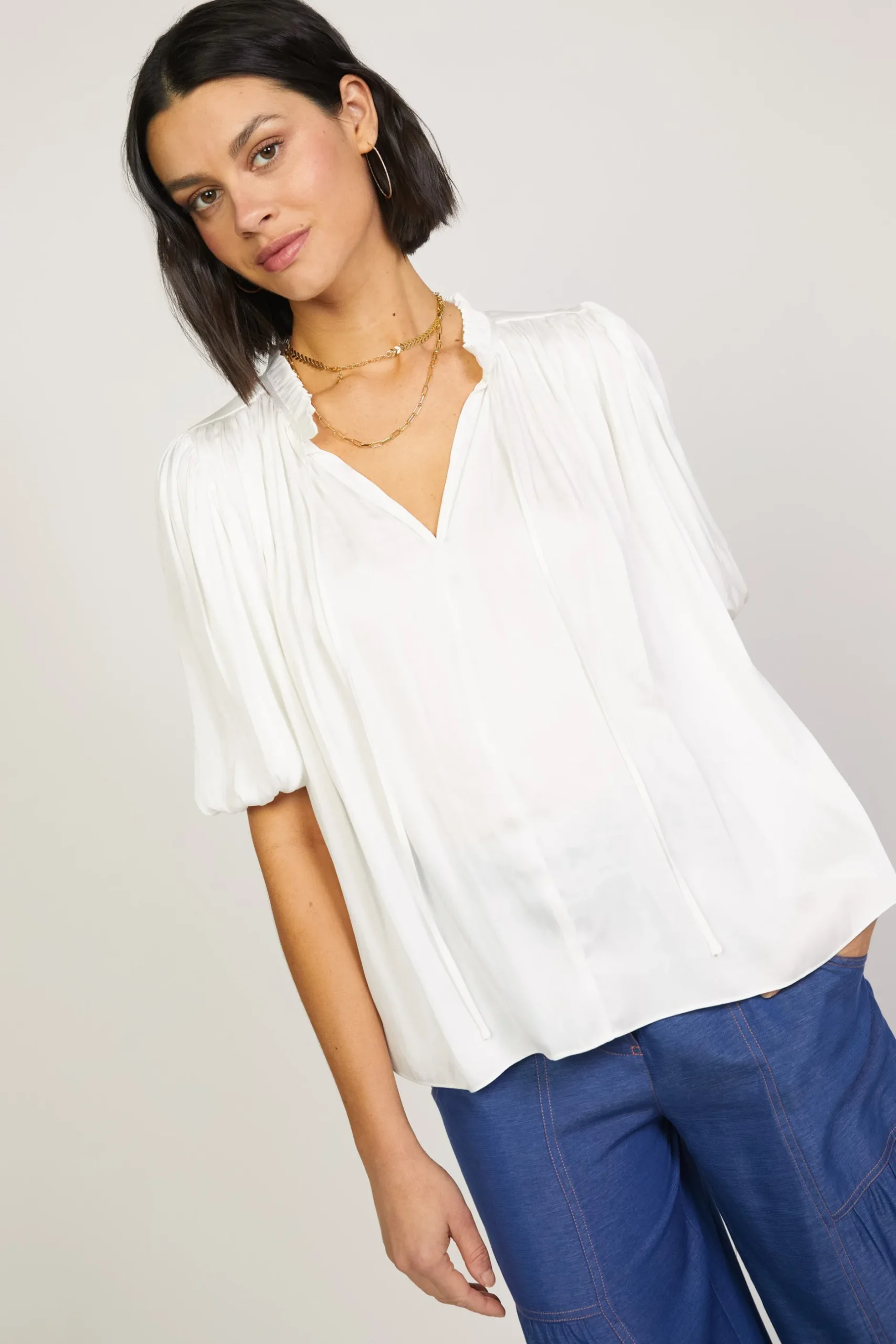 Short Sleeve Tops-Current Air Pleated Puff Sleeve Blouse WHITE