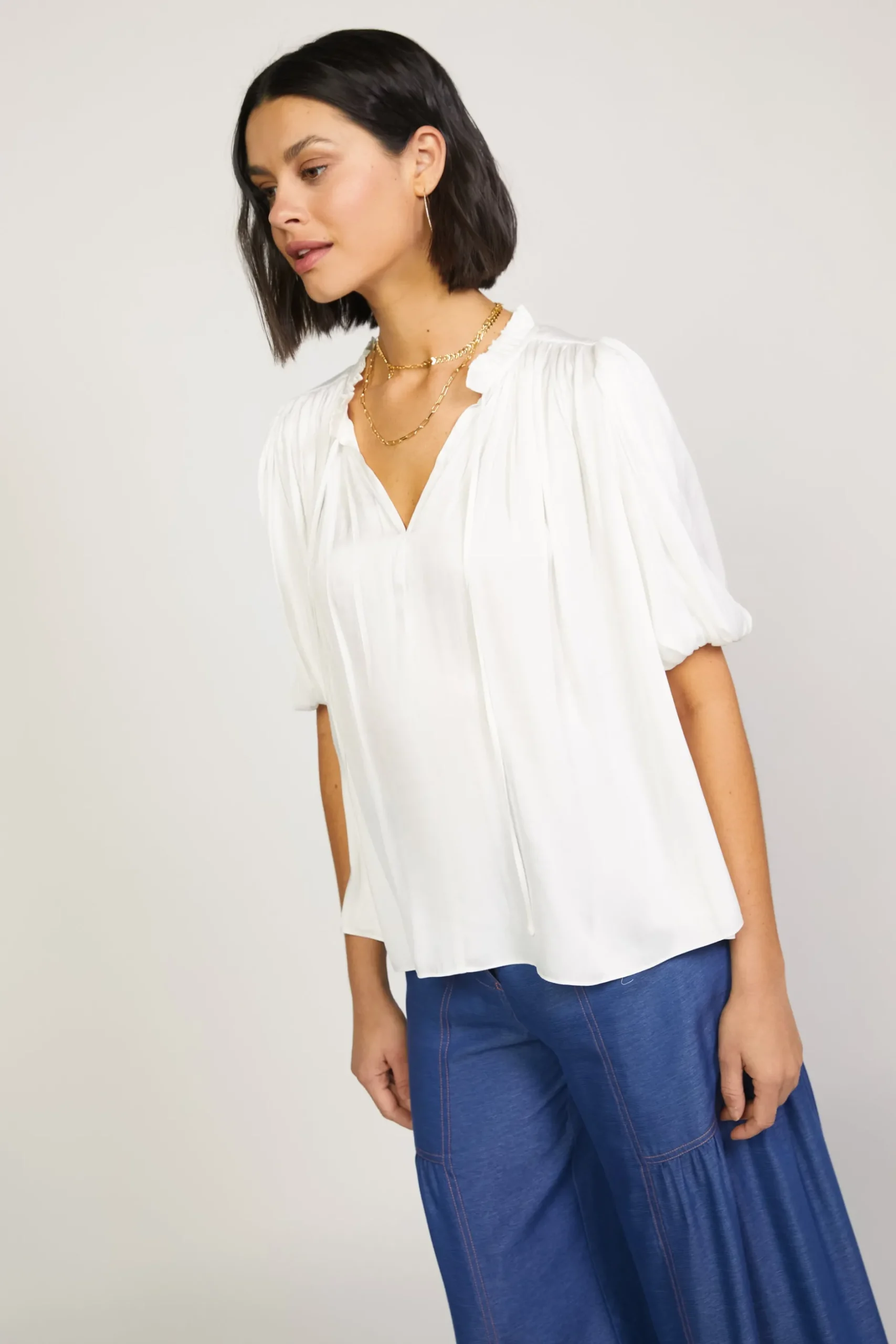 Short Sleeve Tops-Current Air Pleated Puff Sleeve Blouse WHITE