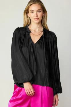 Long Sleeve Tops-Current Air Pleated Puffed Sleeve Blouse BLACK