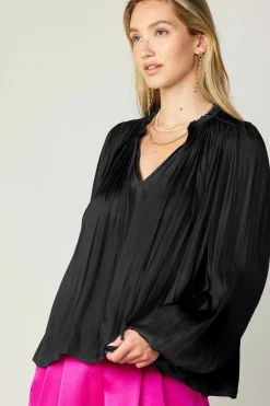 Long Sleeve Tops-Current Air Pleated Puffed Sleeve Blouse BLACK