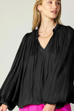 Long Sleeve Tops-Current Air Pleated Puffed Sleeve Blouse BLACK