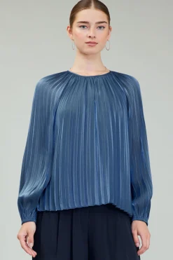 Long Sleeve Tops-Current Air Pleated Shimmery Blouse MIDNIGHTBLUE