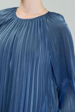 Long Sleeve Tops-Current Air Pleated Shimmery Blouse MIDNIGHTBLUE