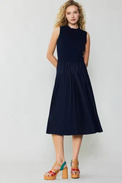 Knitwear|Midi Dresses-Current Air Pleated Skirt Sweater Dress NAVY