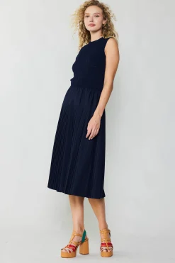 Knitwear|Midi Dresses-Current Air Pleated Skirt Sweater Dress NAVY