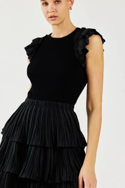 Knitwear|Mini Dresses-Current Air Pleated Skirt Sweater Dress BLACK