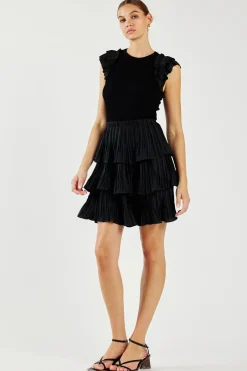 Knitwear|Mini Dresses-Current Air Pleated Skirt Sweater Dress BLACK