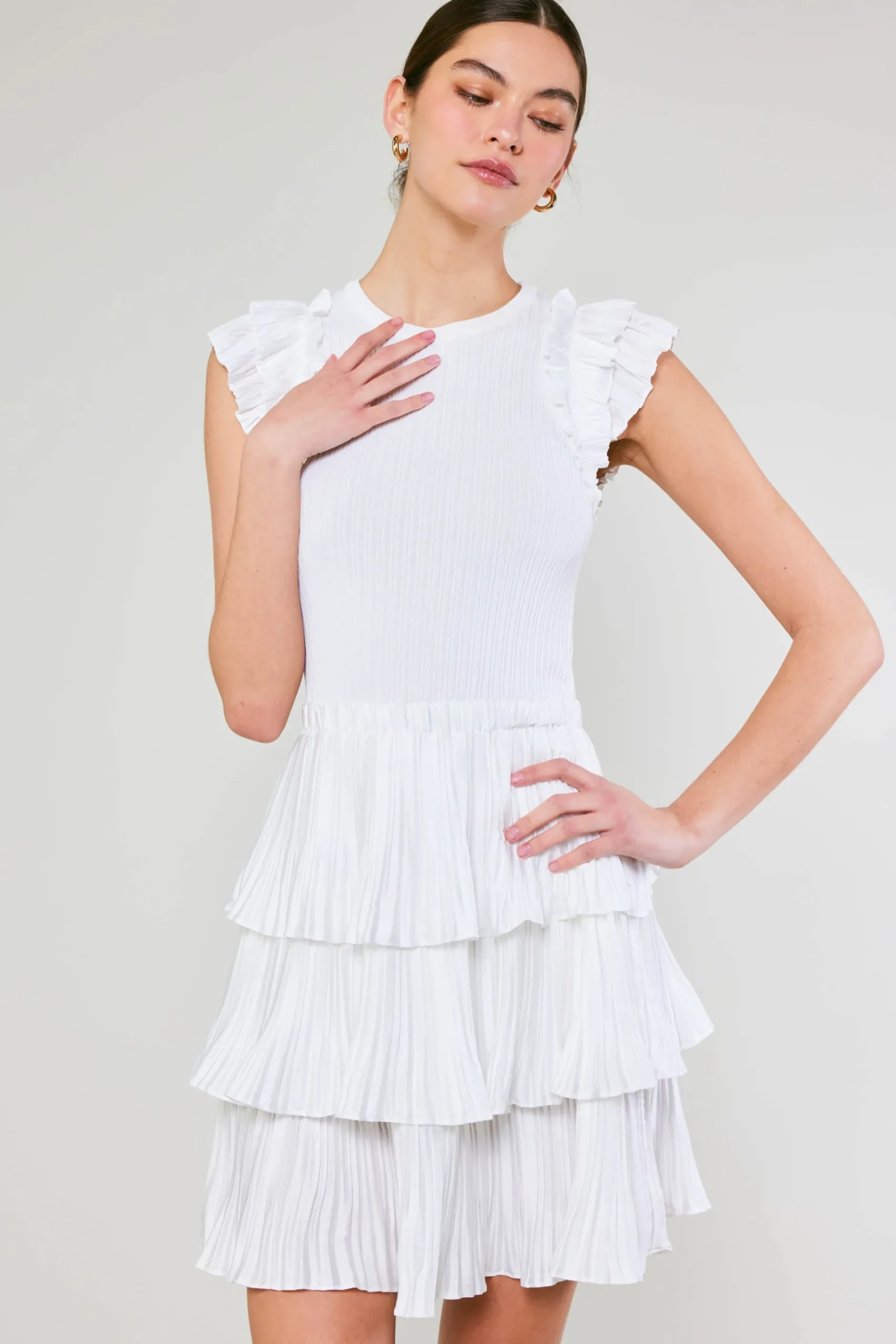 Knitwear|Mini Dresses-Current Air Pleated Skirt Sweater Dress WHITE