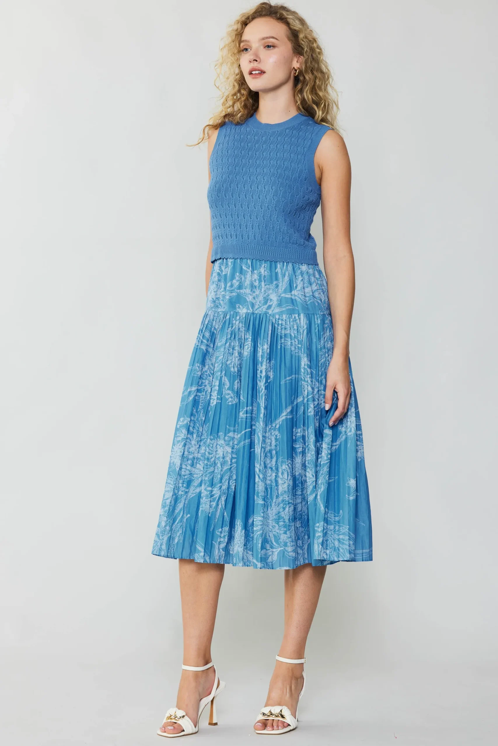 Knitwear|Midi Dresses-Current Air Pleated Skirt Sweater Dress LIGHTBLUE