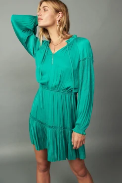 Mini Dresses-Current Air Pleated Sleeve Mini Dress TEAL
