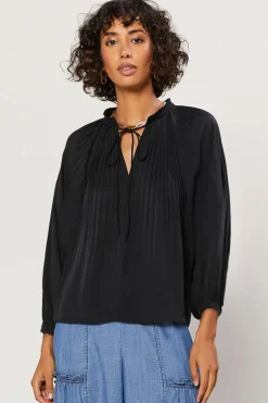 Long Sleeve Tops-Current Air Pleated Split Neck Top BLACK