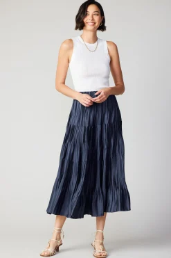 Skirts-Current Air Pleated Tiered Midi Skirt NAVY