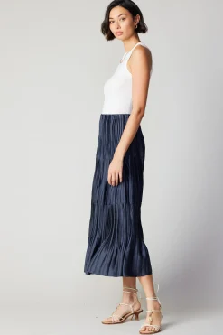 Skirts-Current Air Pleated Tiered Midi Skirt NAVY