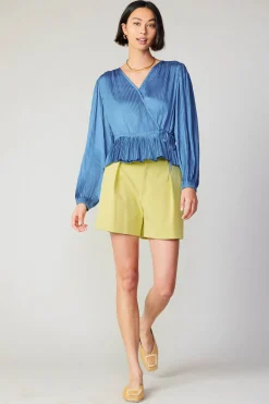 Long Sleeve Tops-Current Air Pleated Wrap Top DUSTYBLUE