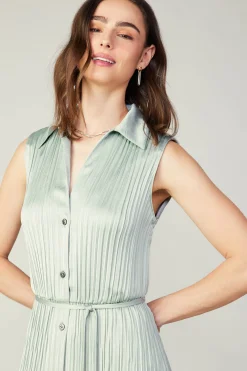 Midi Dresses-Current Air Plisse Buttondown Dress SILVERSAGE