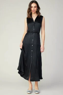 Midi Dresses-Current Air Plisse Buttondown Dress BLACK