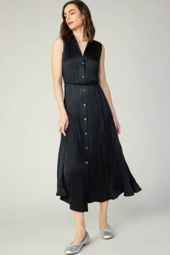 Midi Dresses-Current Air Plisse Buttondown Dress BLACK