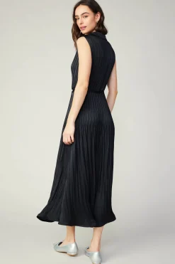 Midi Dresses-Current Air Plisse Buttondown Dress BLACK