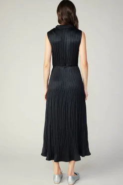 Midi Dresses-Current Air Plisse Buttondown Dress BLACK