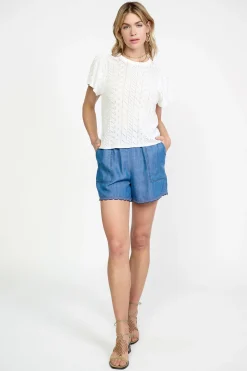 Short Sleeve Tops|Sweaters-Current Air Pointelle Knit Sweater Top WHITE