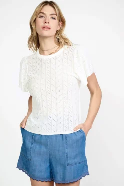 Short Sleeve Tops|Sweaters-Current Air Pointelle Knit Sweater Top WHITE