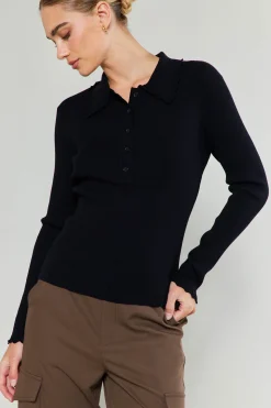 Knitwear|Sweaters-Current Air Polo Sweater Top BLACK