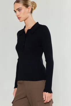 Knitwear|Sweaters-Current Air Polo Sweater Top BLACK