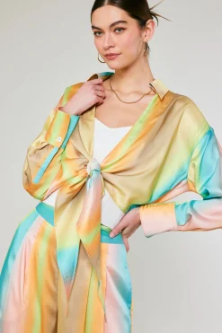 Long Sleeve Tops-Current Air Prismatic Gradient Front Tie Shirt DESERTRAINBOW