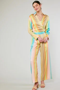 Long Sleeve Tops-Current Air Prismatic Gradient Front Tie Shirt DESERTRAINBOW
