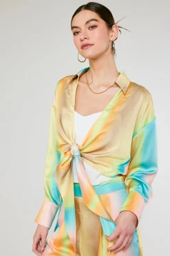 Long Sleeve Tops-Current Air Prismatic Gradient Front Tie Shirt DESERTRAINBOW