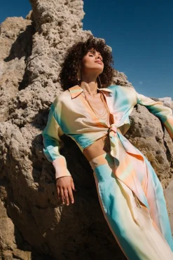 Long Sleeve Tops-Current Air Prismatic Gradient Front Tie Shirt DESERTRAINBOW