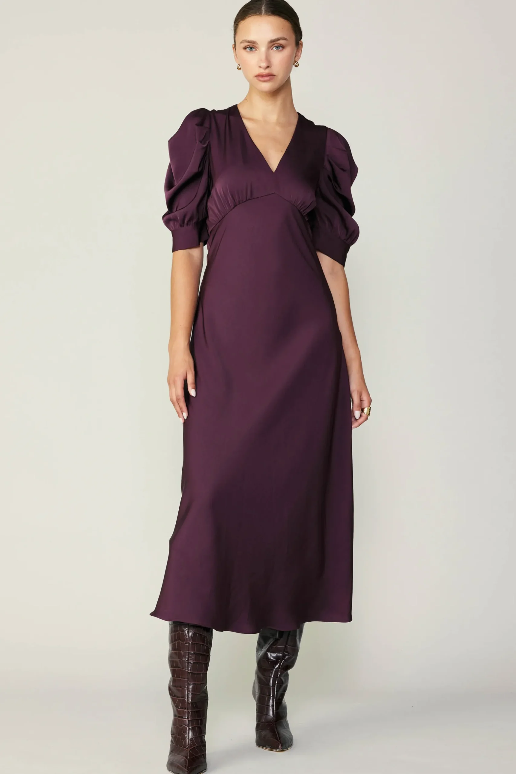 Midi Dresses-Current Air Puff Sleeve Midi Dress MIDNIGHTPLUM