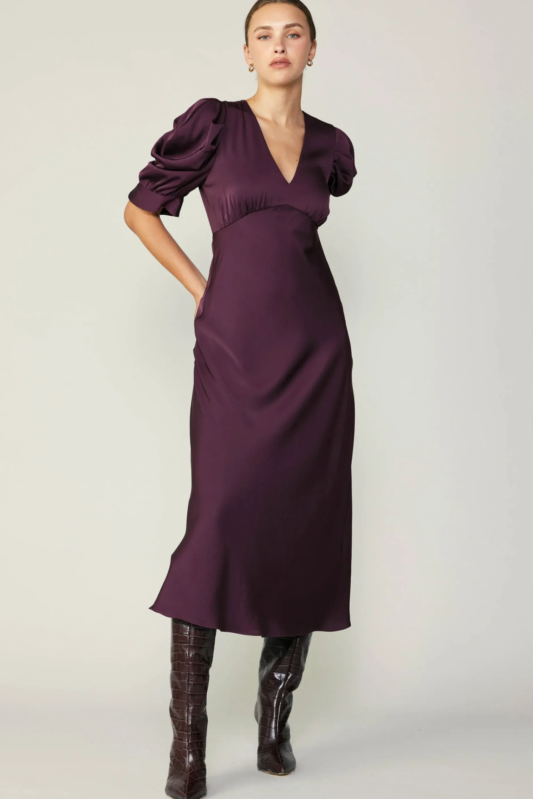 Midi Dresses-Current Air Puff Sleeve Midi Dress MIDNIGHTPLUM