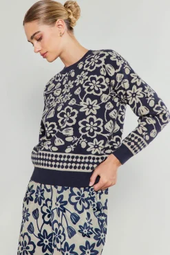 Knitwear|Sweaters-Current Air Pullover Floral Sweater BLUEMLT