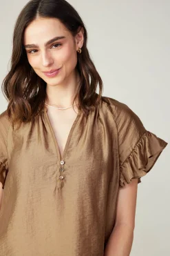 Short Sleeve Tops-Current Air Raglan Sleeve Button Blouse LATTE