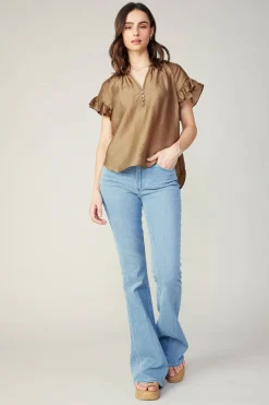 Short Sleeve Tops-Current Air Raglan Sleeve Button Blouse LATTE
