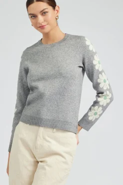 Knitwear|Sweaters-Current Air Retro Daisy Motif Sweater HEATHERGREY